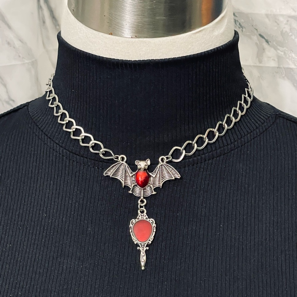 Silver and Red Gothic Heart Necklace with Key Pendant